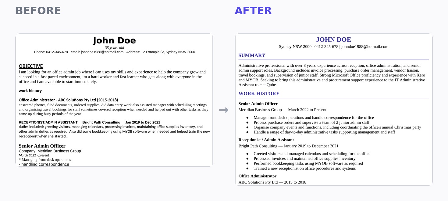 Before and after comparison of a resume refreshed by this tool