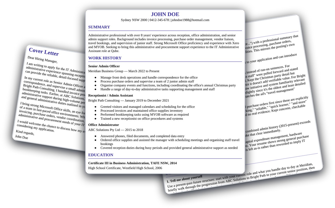 The three documents you get back: polished resume, cover letter, and prep notes